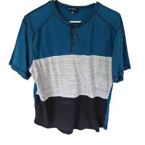 Distortion Mens Henley Shirt‎ Size L Teal Black Striped Logo Streetwear Skater